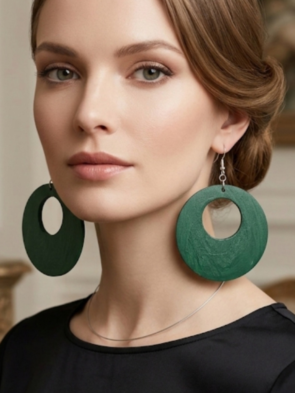 Emerald Green Wooden Circle Drop Earrings - Women Jewelry